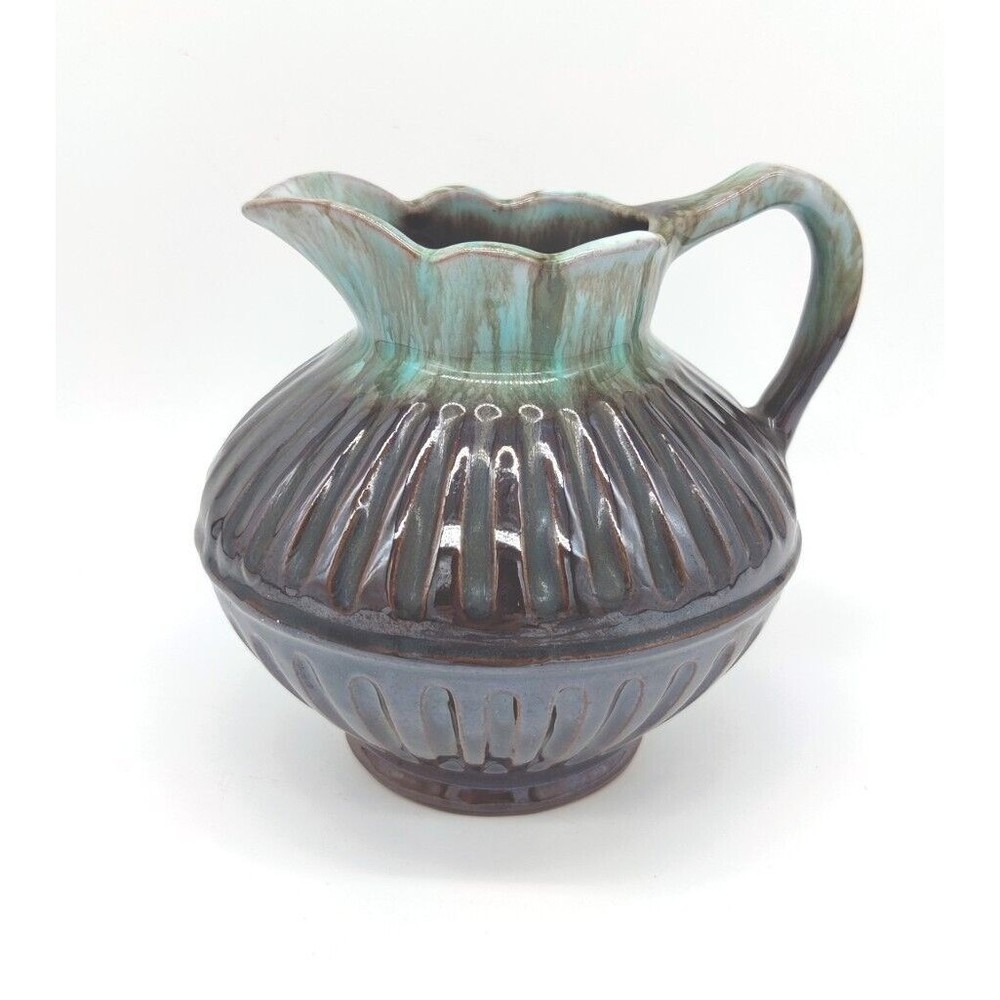 Vintage Pitcher Pottery Small Ribbed Scalloped Dainty Two Tone Teal Brown Handle